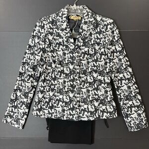 Kasper Pant Suit 2pc Women's 6 Black White Abstract Print Business Formal Preppy